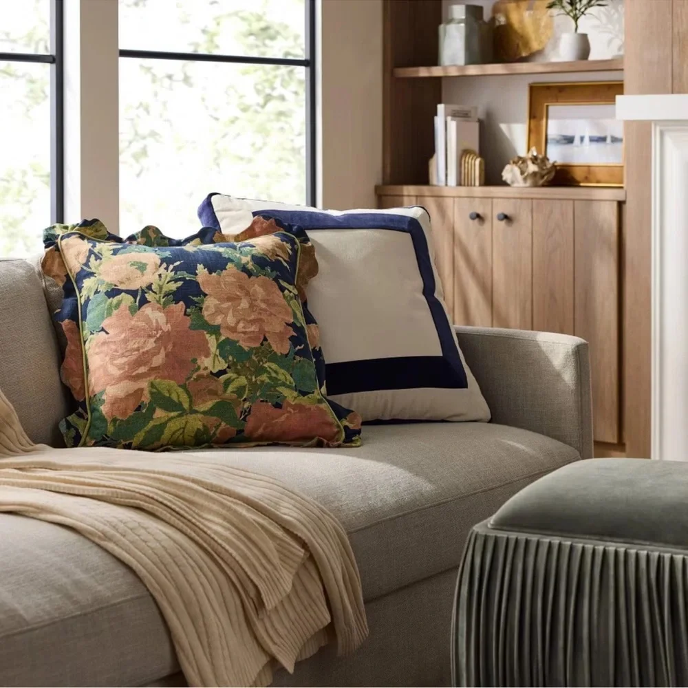 Square Floral Bloom w/ Scallop Flange Throw Pillow Navy - Threshold Studio McGee